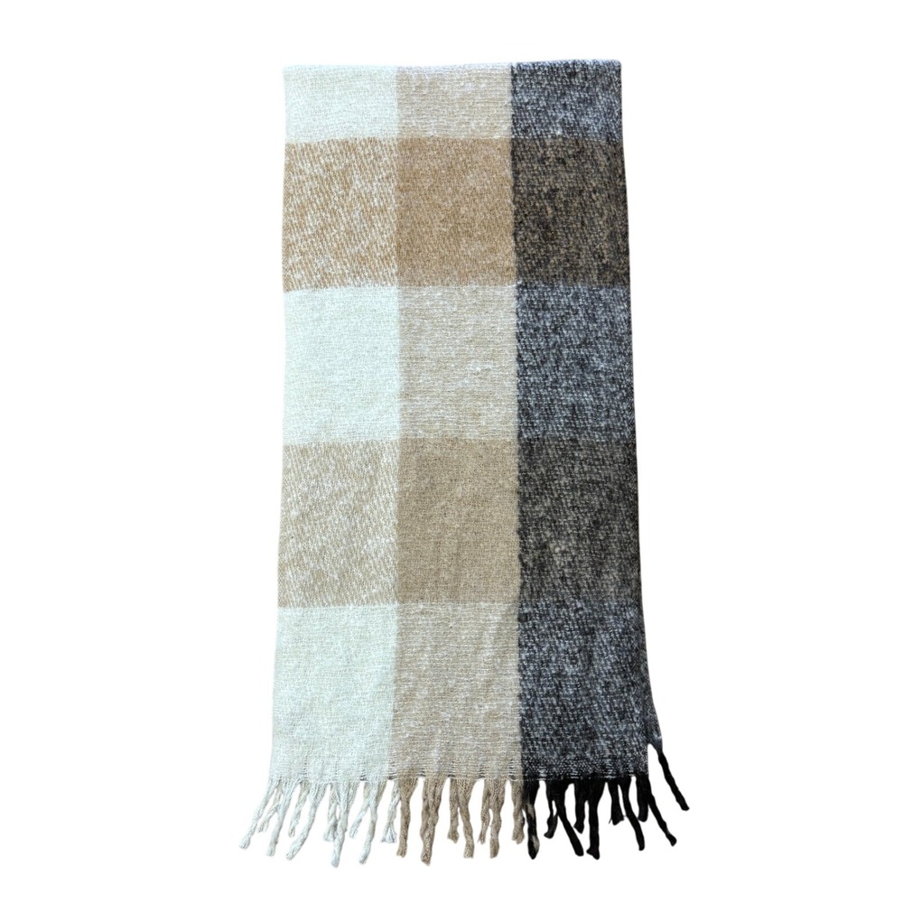 Lucky‎ Brand Scarf Plaid Blanket Fringe Womens Cream Brown Gray Soft